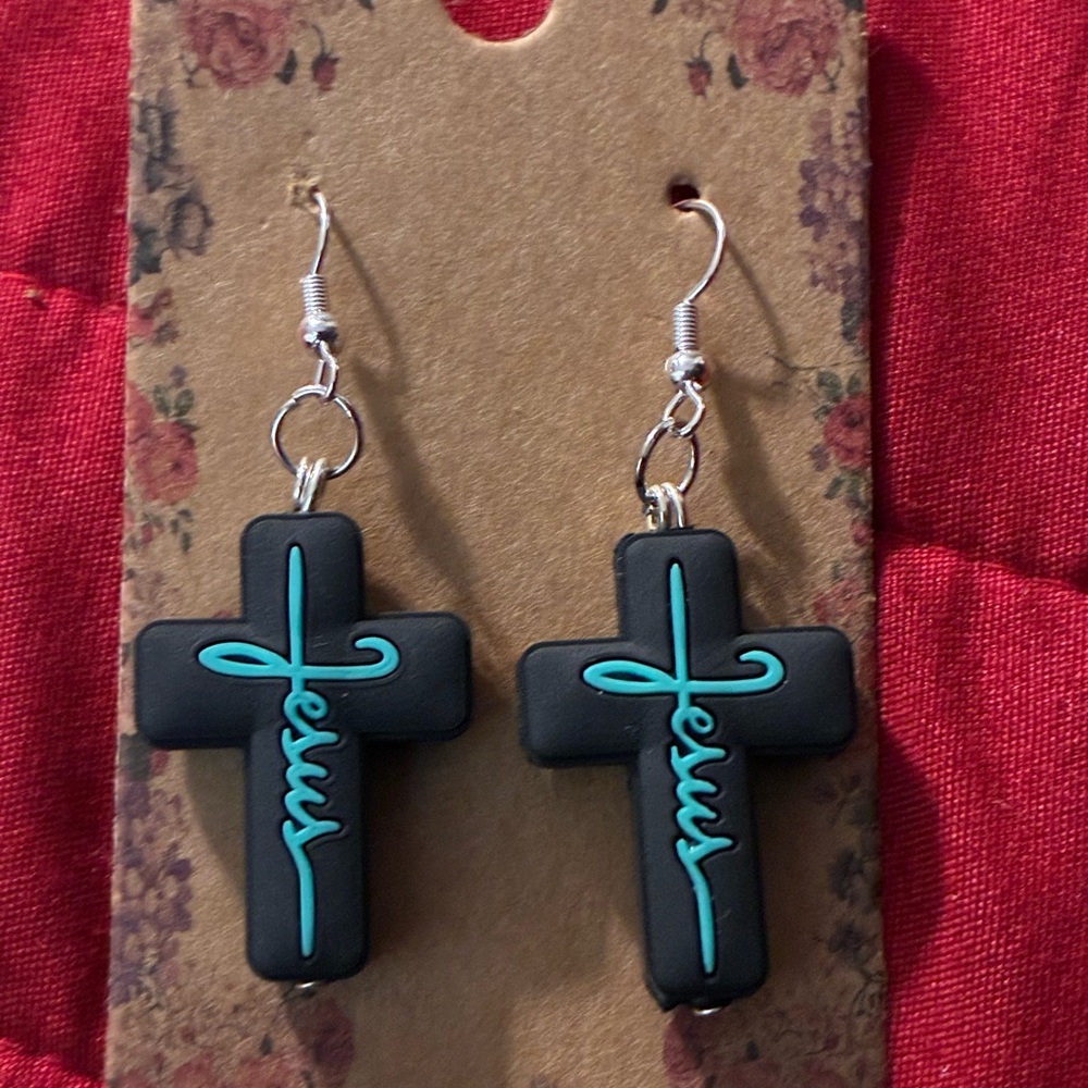 Black Cross Earrings with Teal Jesus Design